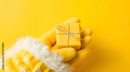 santa hand holding gift box on yellow background	