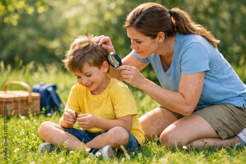 Mother checks child hair for tick with magnifier in sunny park showing care and prevention safety
