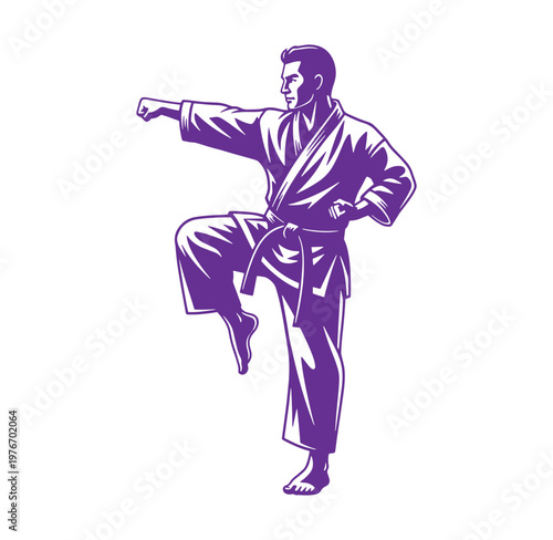 man in karate uniform kicking and punching isolated on transparent background