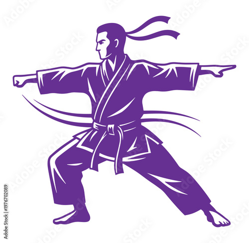 Man in karate uniform with purple color and white background for martial arts concept