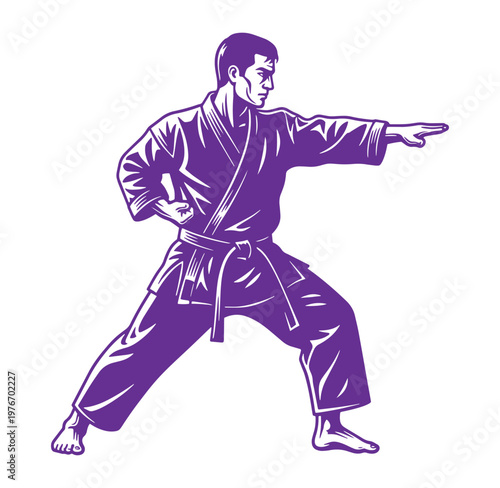 man in purple karate gi performing martial arts stance isolated on transparent background