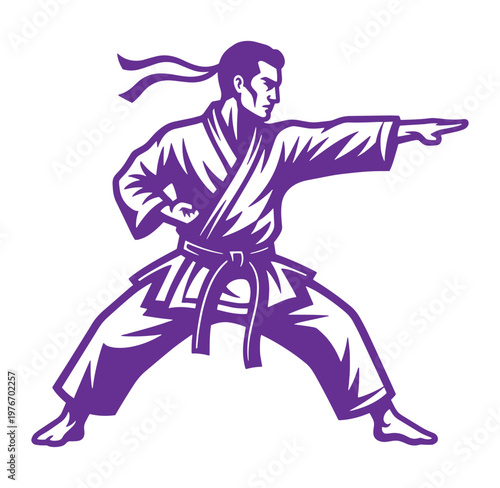 Man in purple karate uniform striking a fighting stance and throwing a punch isolated on transparent background