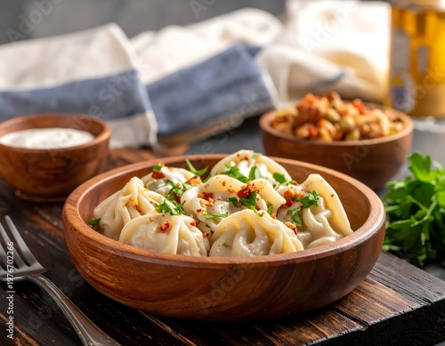 Steamed dumplings in a wooden bowl on a rustic table