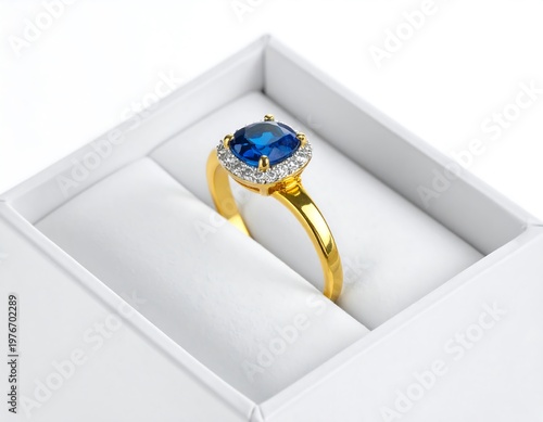 Close-up of gold ring with blue gemstone, presented in white box