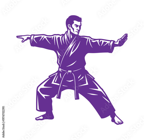 Man in purple martial arts uniform with arms outstretched in a fighting stance isolated on transparent background