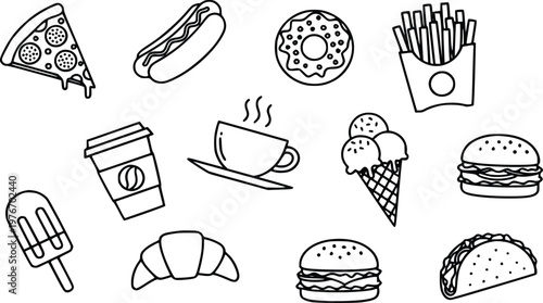 Vector illustration collection featuring popular fast food, refreshing snacks, and various hot and cold beverage icons, presented in a clean,line art graphic style, ideal for modern design projects.