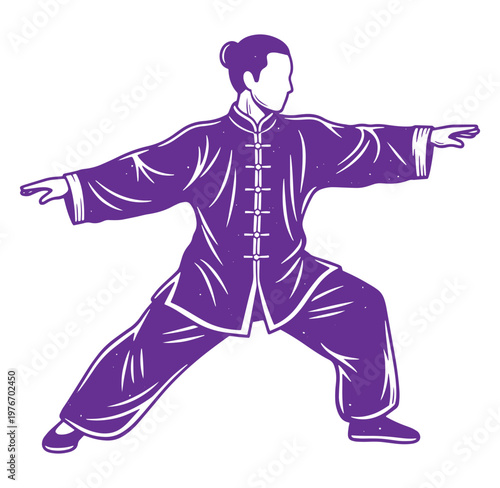 Man in traditional Chinese martial arts uniform performing kung fu or tai chi on white background