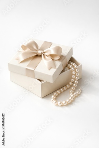 Elegant pearl necklace in gift box with satin ribbon luxury jewelry present concept