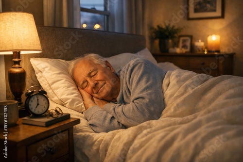 Senior man sleeping peacefully in cozy bedroom at night with warm lamp light and soft bedding