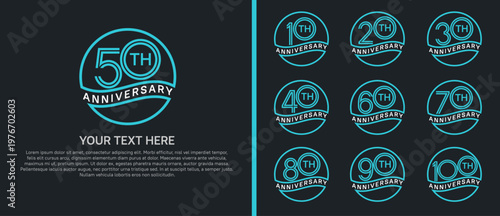 anniversary logo set with circle. blue and white color on black background for celebration moment