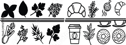 Black and white vector illustration depicting culinary elements, featuring fresh herbs, aromatic spices, delicious breakfast pastries, sweet donuts, and classic hot beverages, perfect for food design.