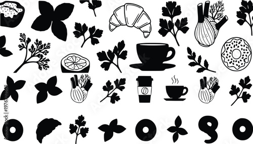 Vector illustration collection features various hand drawn culinary elements including fresh herbs like parsley and basil alongside delicious breakfast pastries like golden croissants and sweet iced