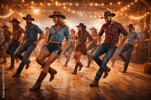 Group of people in cowboy outfits dancing country line dance in barn with wooden floor and warm string lights