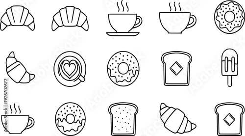 Collection of minimalist black and white various popular breakfast items and sweet treats, including croissants, steaming coffee cups, donuts, toast, and a popsicle, ideal for diverse graphic design