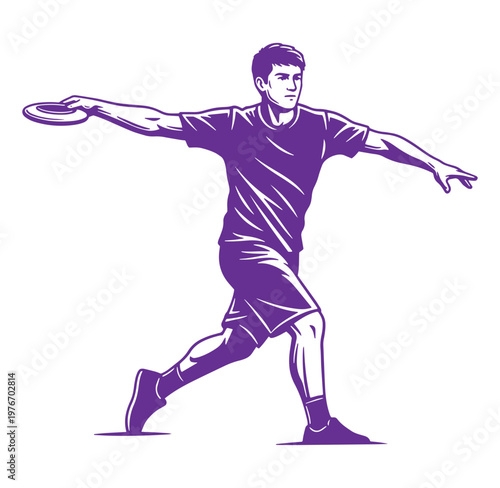 man playing frisbee in purple illustration with arms outstretched and leg bent