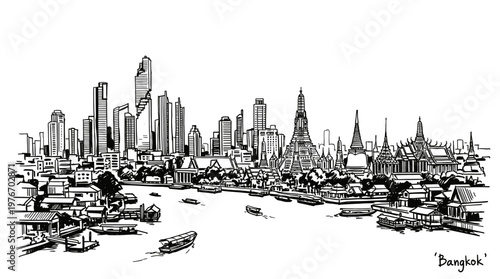 A detailed black and white ink sketch of the Bangkok skyline, showcasing a mix of modern skyscrapers and traditional temples along the Chao Phraya River.