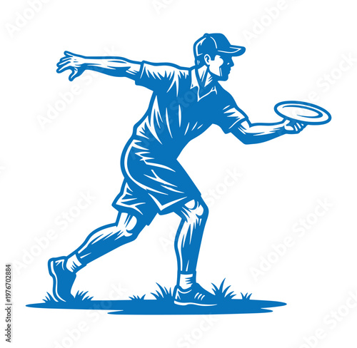 Man playing frisbee on grass in casual outfit and cap in blue monochrome style