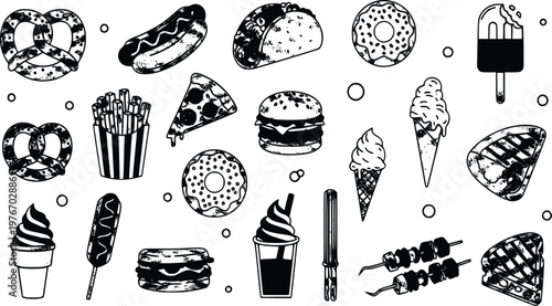 Versatile vector illustration collection featuring  food items and sweet dessert treats, rendered in a modern, stylized black and white outline graphic design for menus or promotional use.
