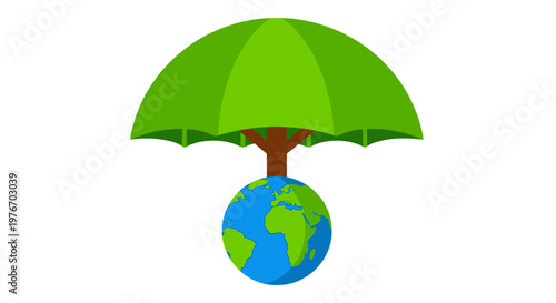 Green umbrella protects the Earth globe.