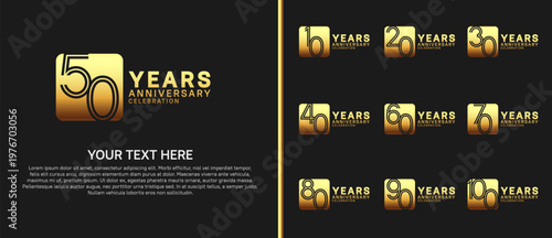 anniversary logo set with circle. gold color on black background for celebration moment