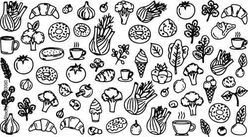 Black and white vector illustration features a wide collection of food items including fresh vegetables, delicious pastries, sweet donuts, hot coffee cups, and refreshing ice cream cones
