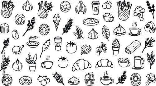 Black and white vector illustration features a vast collection of hand drawn food icons including vegetables herbs desserts coffee cups and assorted pastry items for culinary design and menu branding 
