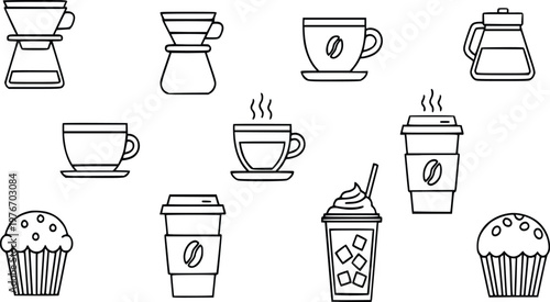 Vector graphic illustration set presenting a delightful assortment coffee beverages, brewing equipment, and sweet baked treats, ideal for cafe branding or food-related designs.