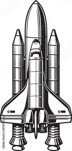 Stylized black and white vector of a space shuttle launch vehicle with space exploration outer space mission control rocket ship starry sky spacecraft illustration technology engineering