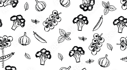 Seamless vector illustration displays a variety of fresh organic vegetables including hand drawn broccoli florets tomatoes garlic cloves and green peas creating  pattern perfect for kitchen