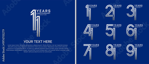 anniversary logo set multiple line style. silver color on blue background for celebration moment