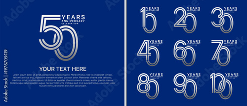 anniversary logo set multiple line style. silver color on blue background for celebration moment