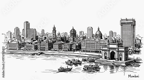 A detailed black and white sketch of the Mumbai skyline, featuring the iconic Gateway of India and various modern buildings along the waterfront.