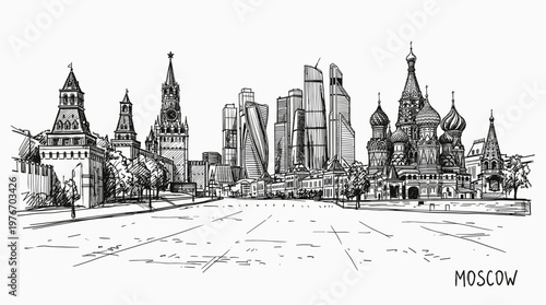 A detailed black and white sketch of the Moscow skyline, showcasing historic Kremlin towers alongside modern skyscrapers and St. Basil's Cathedral.