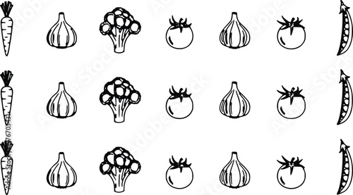 Black and white vector illustration features a recurring pattern of hand drawn garden vegetables including carrots garlic broccoli tomatoes and peas organized into neat rows for a clean culinary graph
