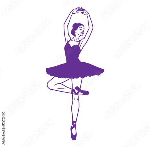 purple ballerina dancer in ballet pose with arms raised and leg extended