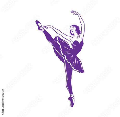 purple ballerina dancing in elegant pose with one leg raised high