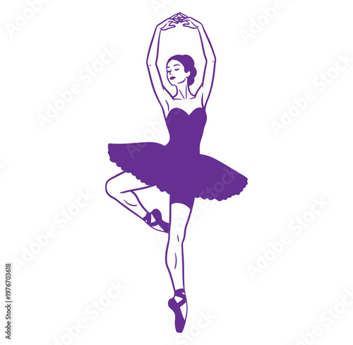Purple ballerina in dancing pose with raised arms and tutu skirt isolated on white background