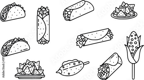 Collection of vibrant vector illustration featuring a diverse popular food items, including crispy tacos, savory burritos, cheesy nachos, and fresh corn, rendered in clean line art style