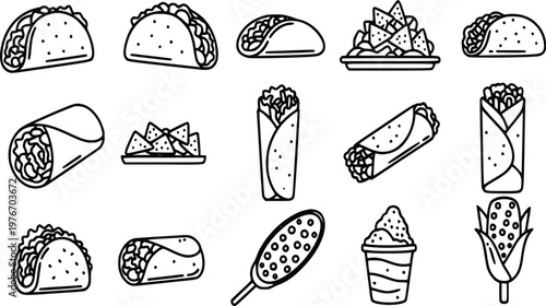 Vector illustration features a collection of various popular Mexican food items, including tacos, burritos, nachos, a corn dog, elote, and esquites, all depicted in a simple, charming, outline graphic