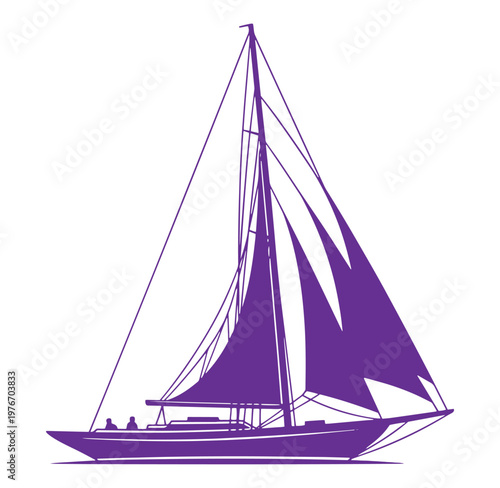 Purple sailboat with people on board sailing on calm waters with large sails