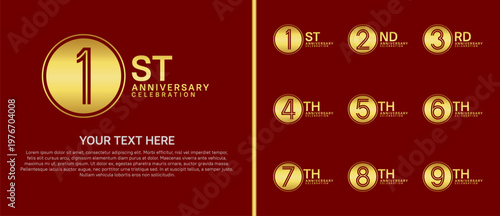 anniversary logo set with circle. golden color on red background for celebration moment