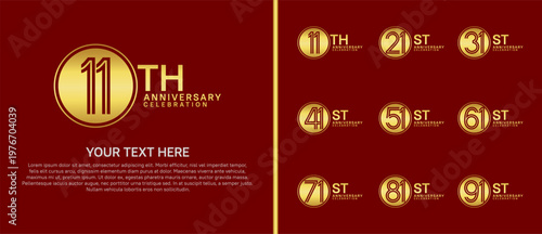 anniversary logo set with circle. golden color on red background for celebration moment