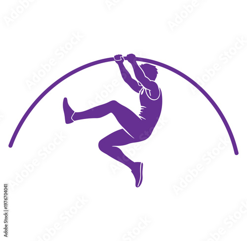 purple silhouette of a man swinging on a curved bar  athletic pose