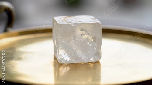 Clear quartz crystal cube, faceted mineral, geometric shape on a golden tray, macro shot, natural texture, scientific or healing concepts