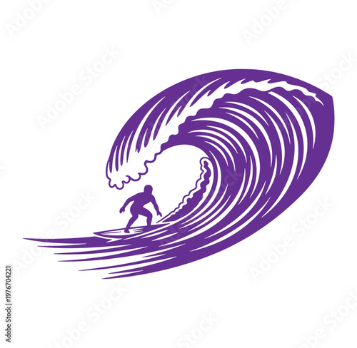 Purple silhouette of a surfer riding a large wave on a surfboard  ocean sport