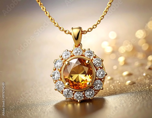 Close-up of gold pendant necklace with gemstone and surrounding diamonds