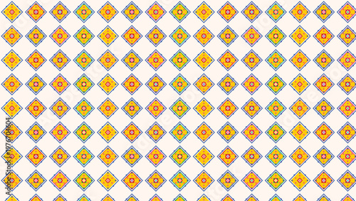 Seamless pattern with vibrant colorful geometric diamond shapes, featuring intricate traditional folk art inspired design elements in yellow, blue, red, and pink, ideal for decorative