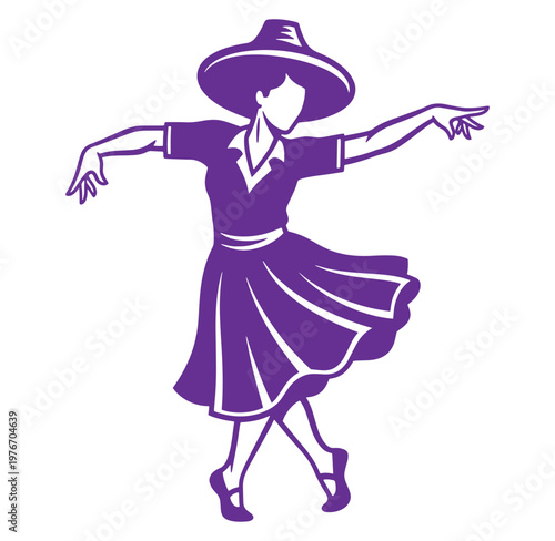 woman in purple dress and hat dancing on white background