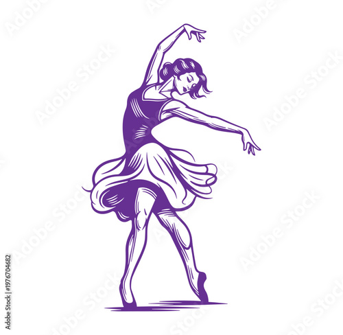 Woman in purple dress dancing gracefully in elegant pose alone