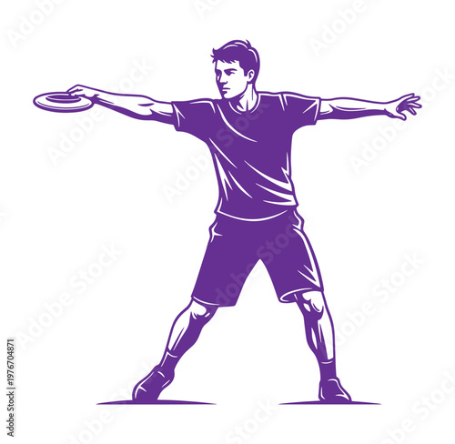 young man in purple shirt and shorts throwing a frisbee with outstretched arms in dynamic motion